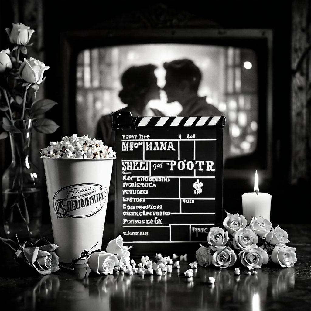 A vintage cinema screen playing a romantic black-and-white film, surrounded by rustic, soft candlelight illuminating an intimate setting with roses and popcorn; in the foreground, an old-fashioned film reel and a couple sharing a moment of laughter and connection, evoking nostalgia and warmth. super-realistic. warm tones. soft focus.