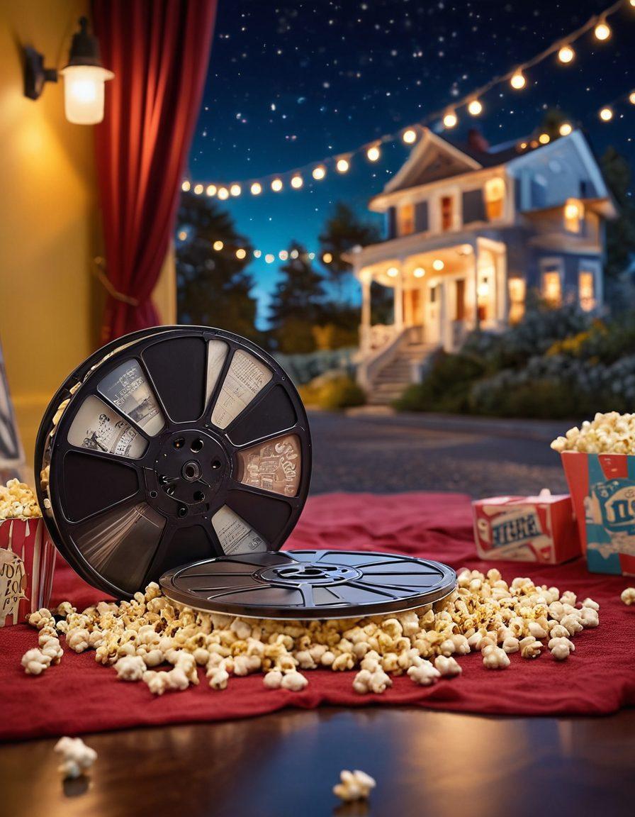A vibrant film reel cascading with miniature images of indie films and romantic comedies, set against a backdrop of a dreamy cinema landscape. Include elements like film clappers, popcorn, and string lights to evoke the magic of movies. The color palette should be warm and inviting, blending reds, yellows, and soft blues to create a whimsical atmosphere. super-realistic. vibrant colors. dreamy background.